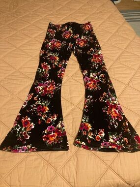 Show Me Your MuMu Black Velvet Flare Pants with Pink & Orange Floral Print